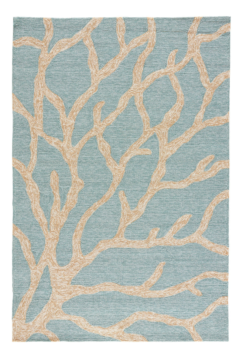 Coral Indoor/ Outdoor Abstract Teal & Tan Area Rug