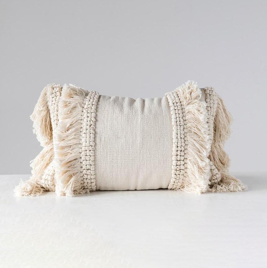 Cream Lumbar Fringe Pillow