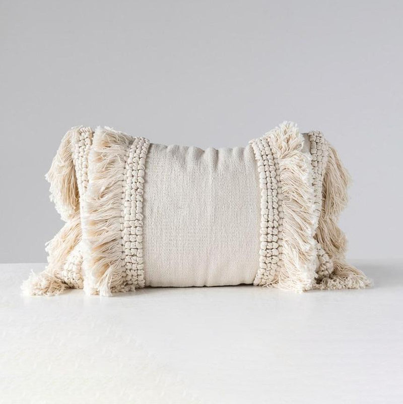 Cream Lumbar Fringe Pillow