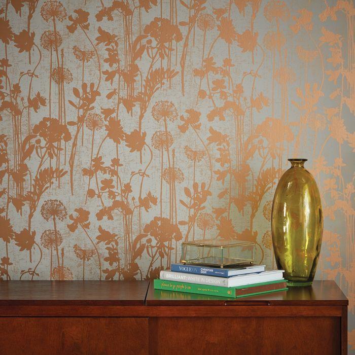 Distressed Floral Removable Wallpaper in Grey and Metallic Copper