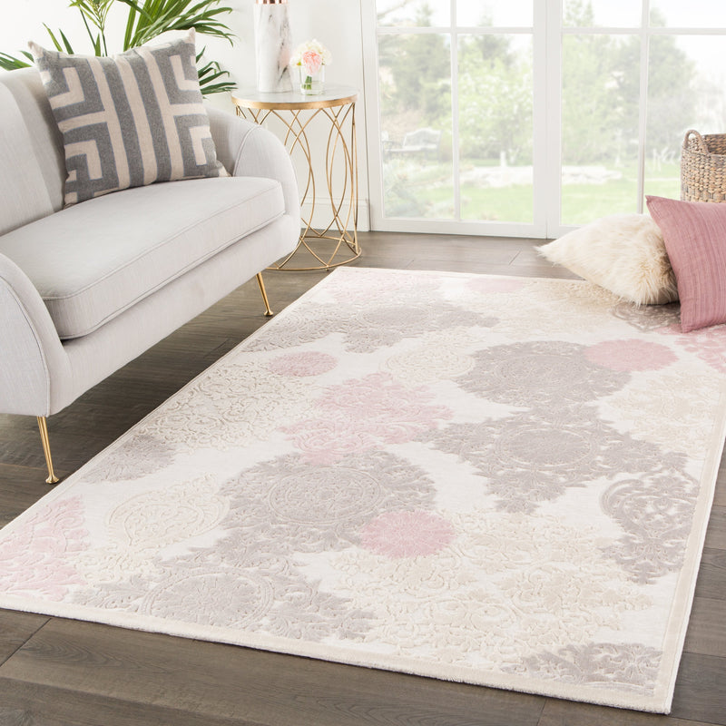 Wistful Damask Ivory & Pink Area Rug