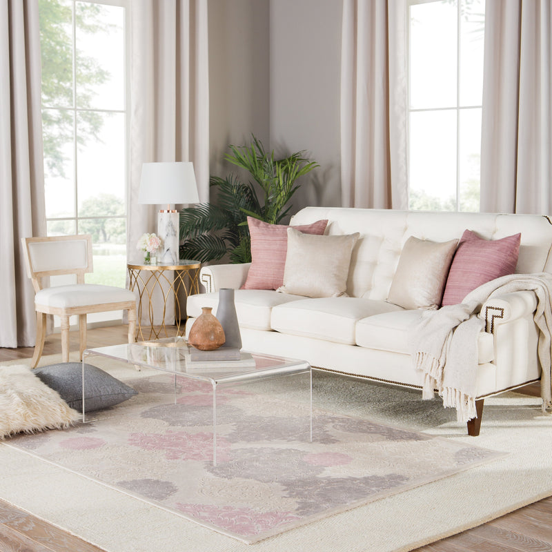 Wistful Damask Ivory & Pink Area Rug