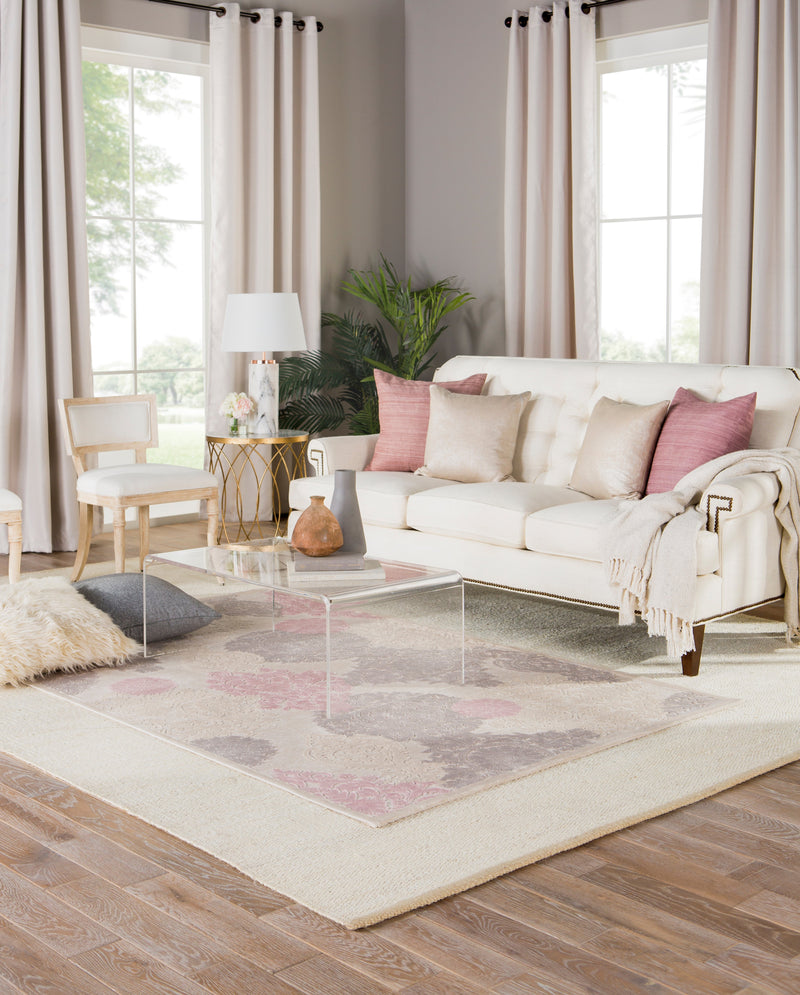 Wistful Damask Ivory & Pink Area Rug