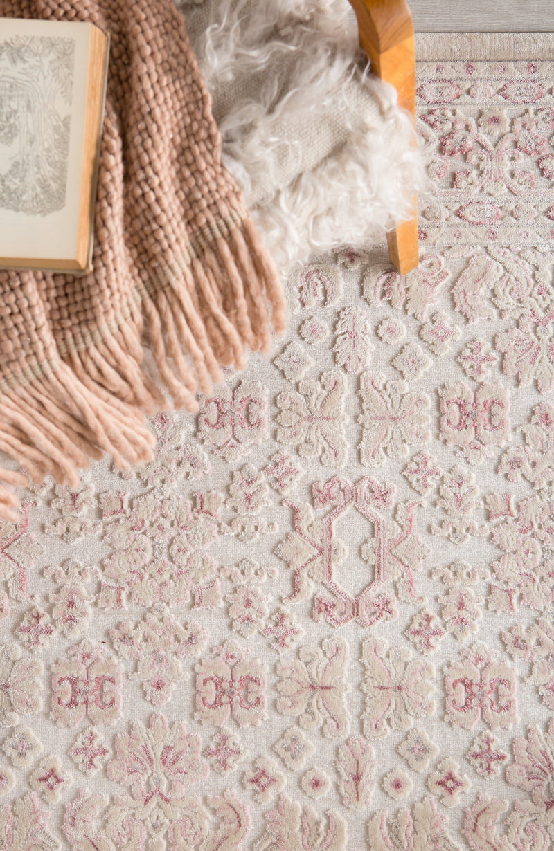 Regal Damask Ivory & Pink Area Rug