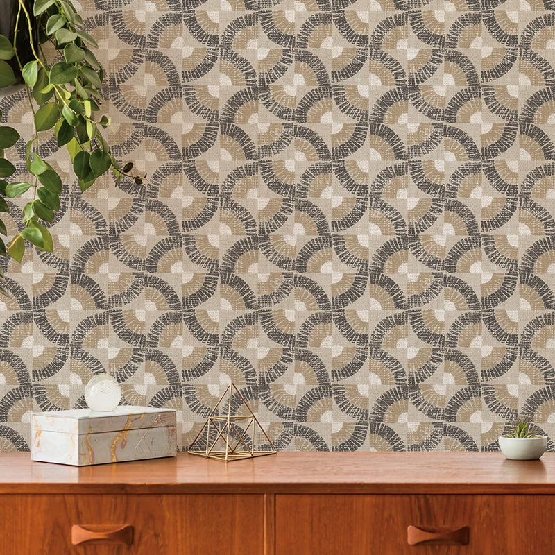 Grasscloth Fans Removable Wallpaper in Neutral Bronze