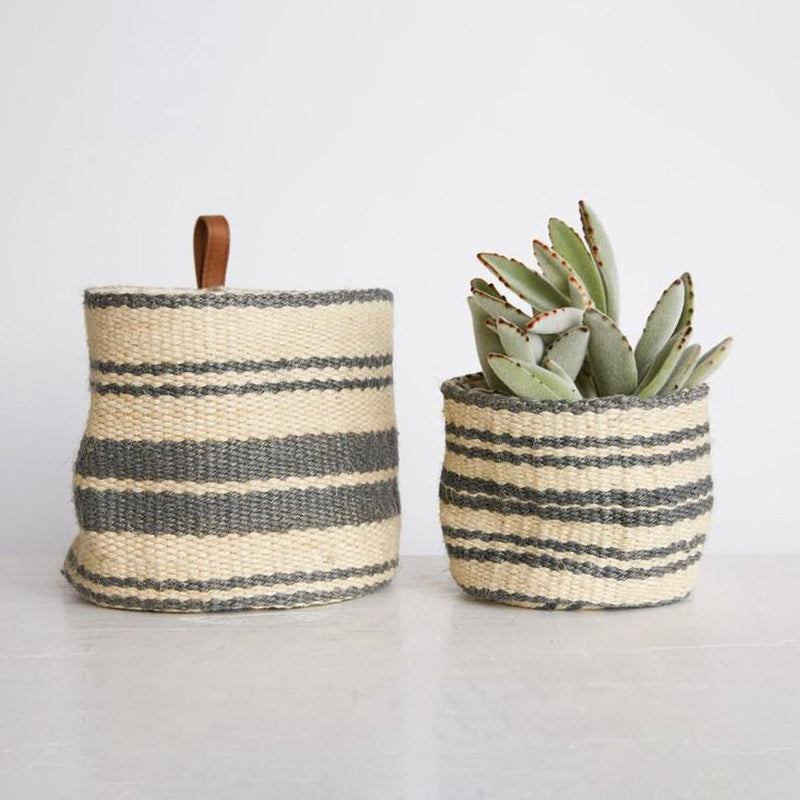 Grey Striped Jute Wall Baskets, Set of 2