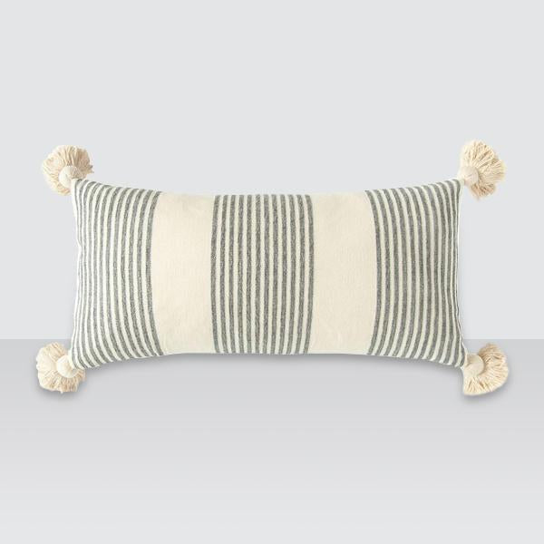 Grey Striped Lumbar Pillow with Tassels