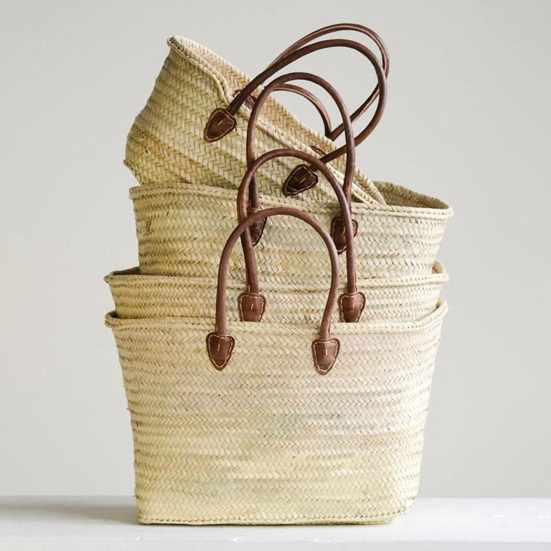 Hand-Woven Moroccan Baskets with Leather Handles set of 4