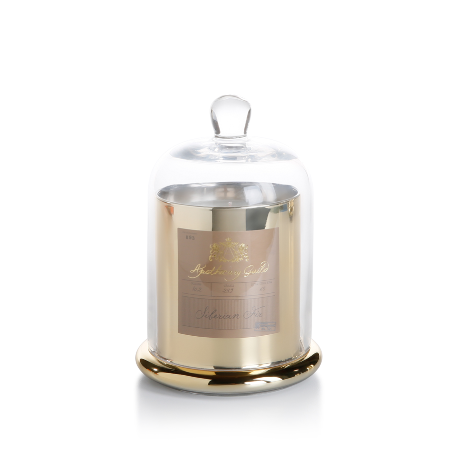 Siberian Fir Scented Candle in Gold Glass Jar with Bell Cloche