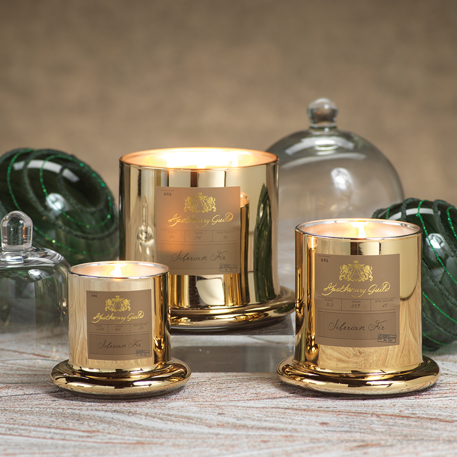 Siberian Fir Scented Candle in Gold Glass Jar with Bell Cloche