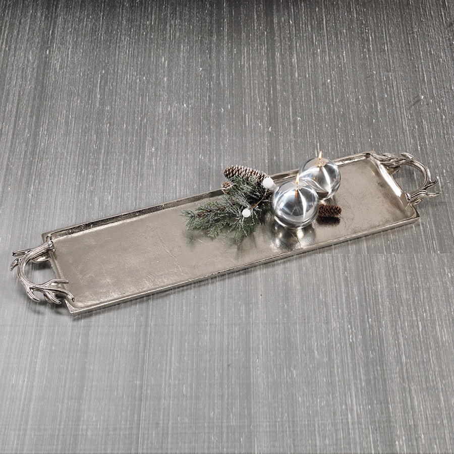 Long Aluminum Nickel Plated Tray w/ Antler Handles