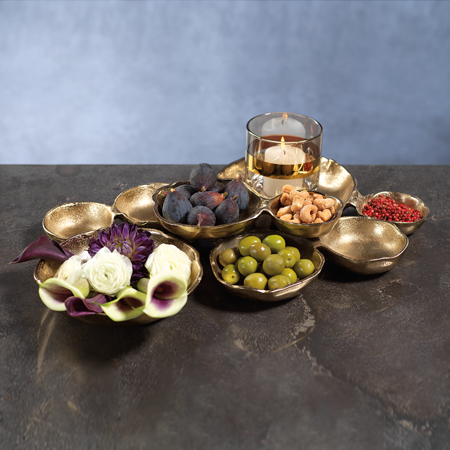 Cluster of Nine Round Serving Bowls in Dark Gold