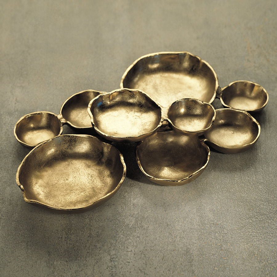 Cluster of Nine Round Serving Bowls in Dark Gold