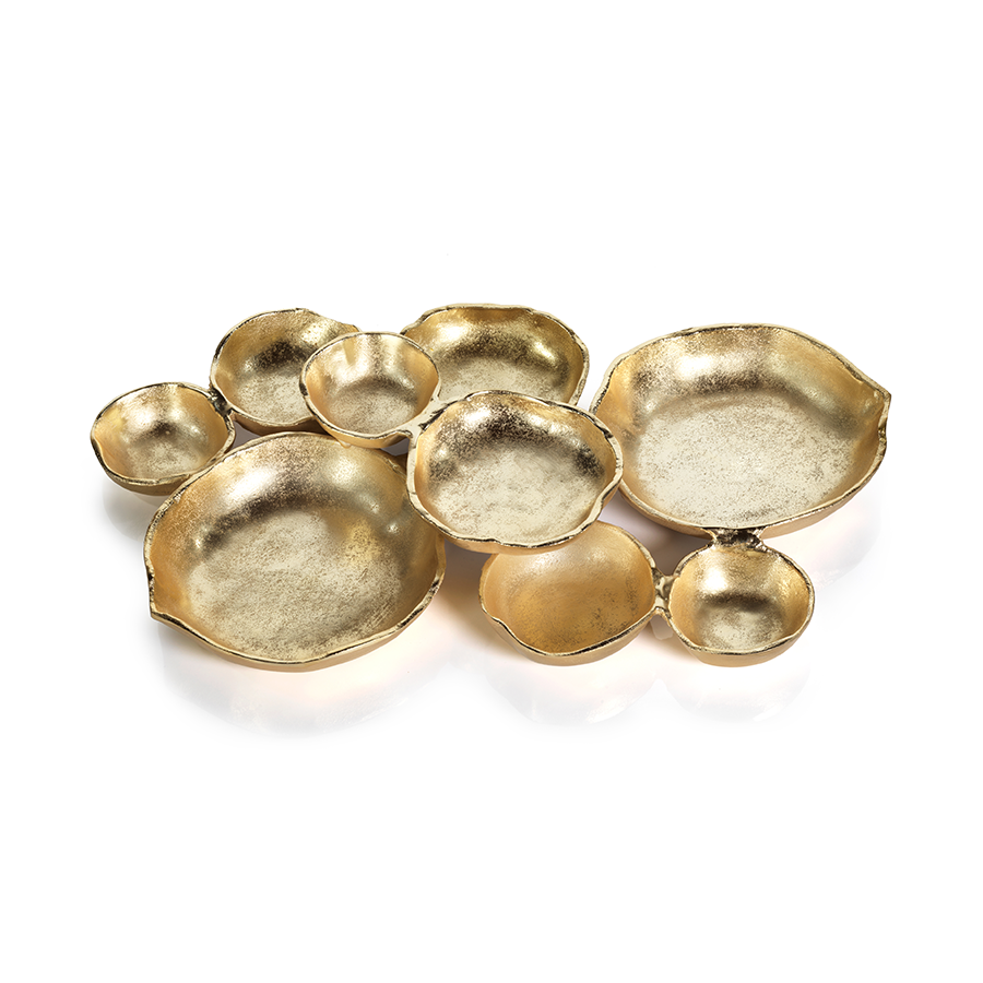 Cluster of 9 Round Serving Bowls Gold