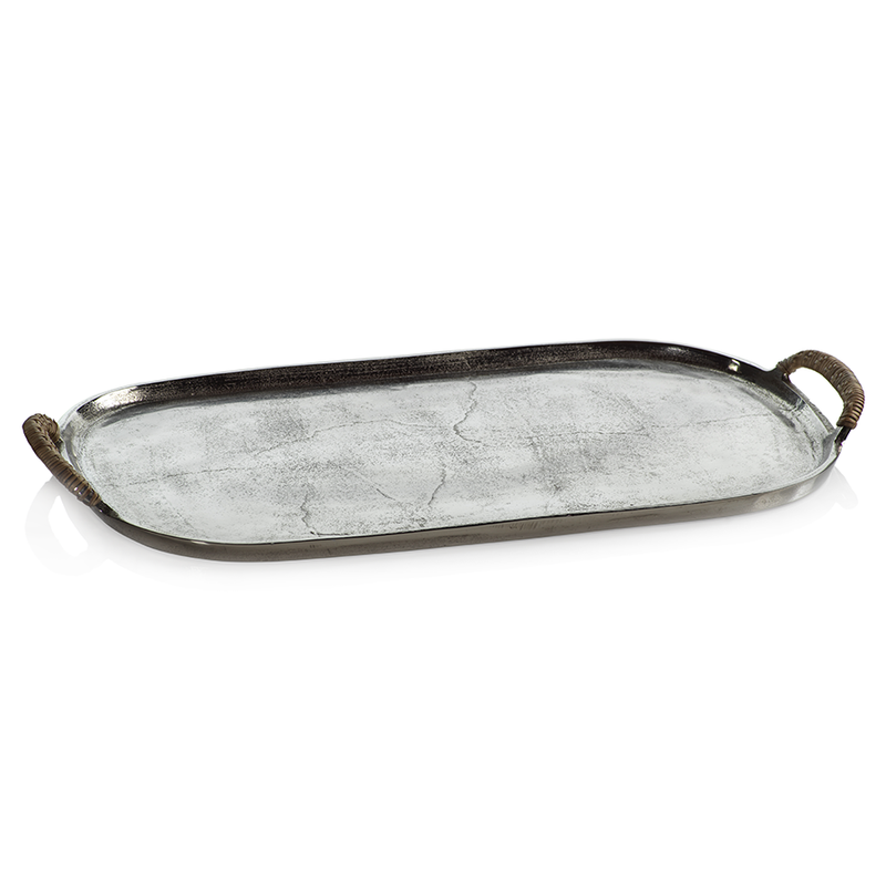 Mauritius Raw Aluminum Trays with Cane Wrapped Handles