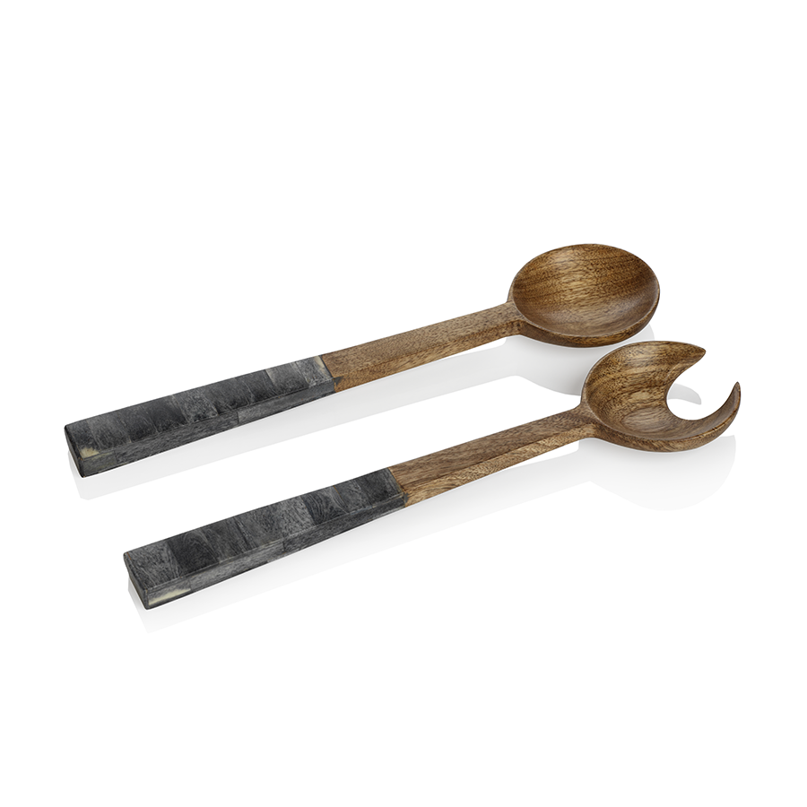 Mango Wood Salad Server with Inlaid Bone Handle in Grey