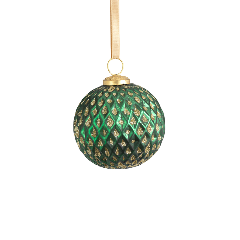 Beehive Green w/ Gold Glitter Ball Ornaments - Set of 6