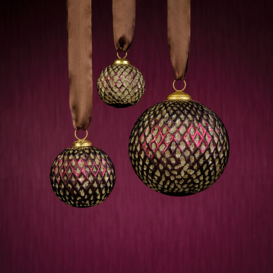 Beehive Burgundy w/ Gold Glitter Ball Ornaments - Set of 6