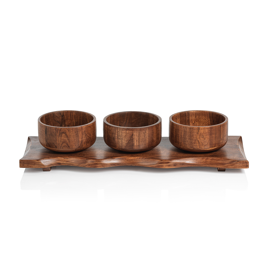 Natural Red Teakwood Platter w/ 3 Bowls