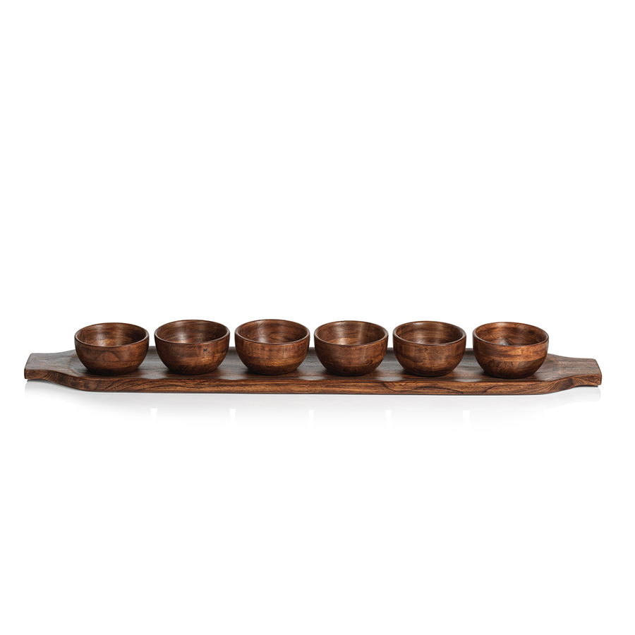 Natural Red Teakwood Tray w/ 6 Bowls