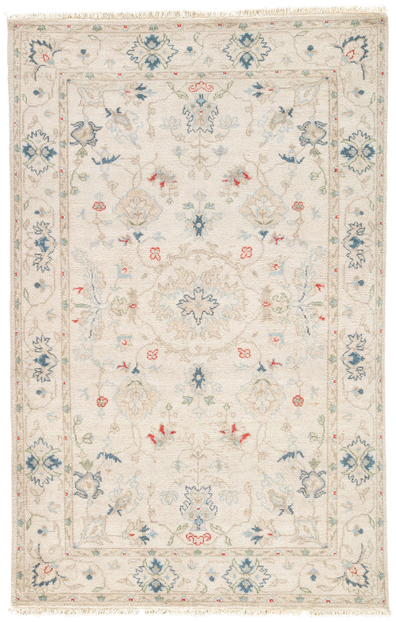 Hacci Hand-Knotted Floral Cream & Blue Area Rug