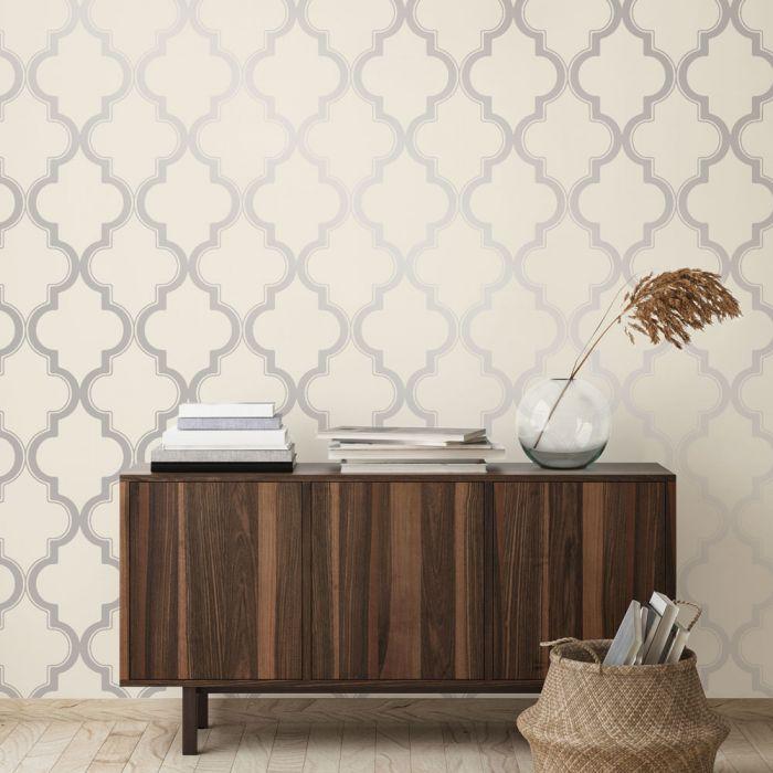 Marrakesh Removable Wallpaper in Cream and Metallic Silver