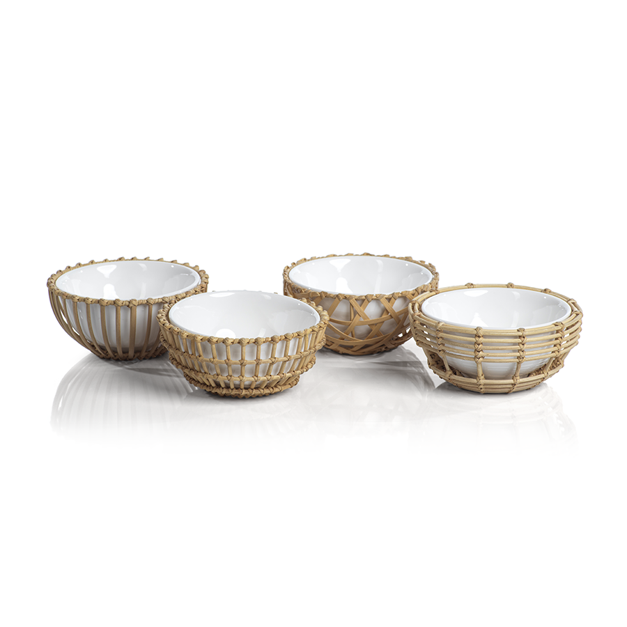 Wicker & Bamboo Condiment Bowls, Set of 4