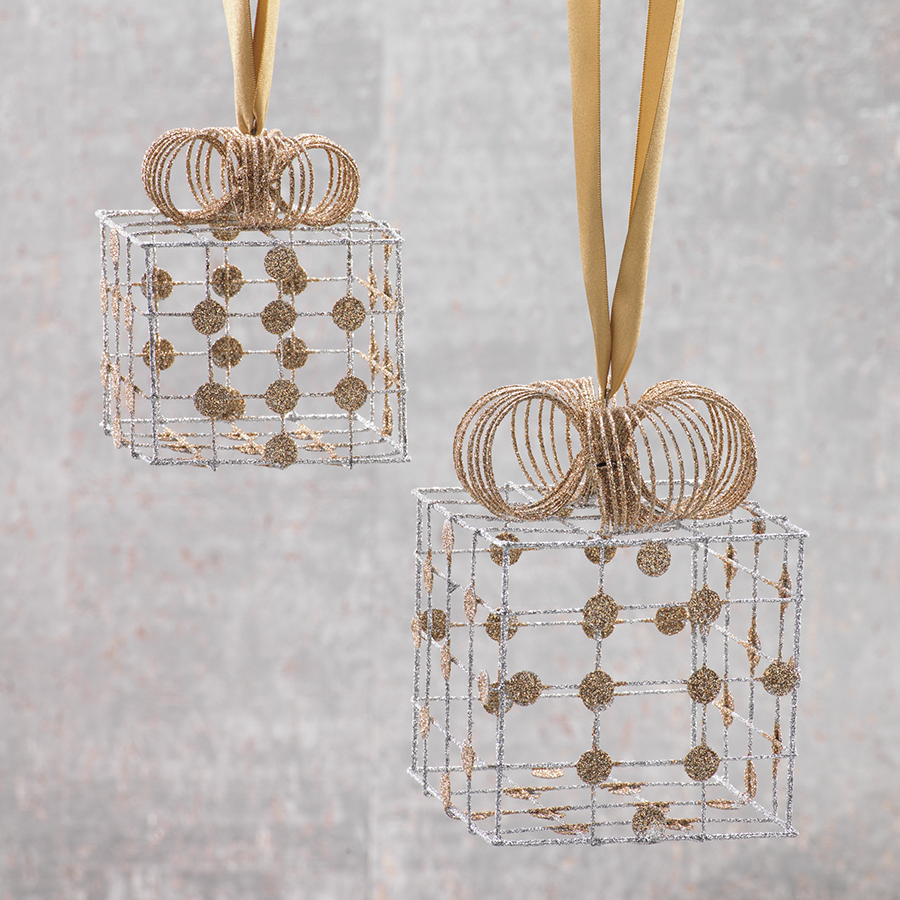 Set Silver Wire Box w/ Gold Dots Checkered Pattern Ornaments