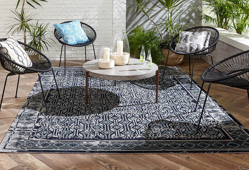 Stowe Indoor/ Outdoor Geometric Gray & Blue Area Rug