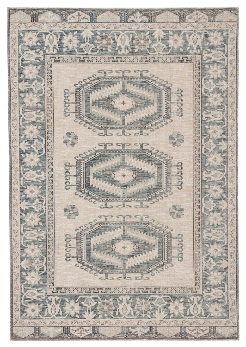 Miner Indoor/ Outdoor Medallion Light Teal & Gray Area Rug