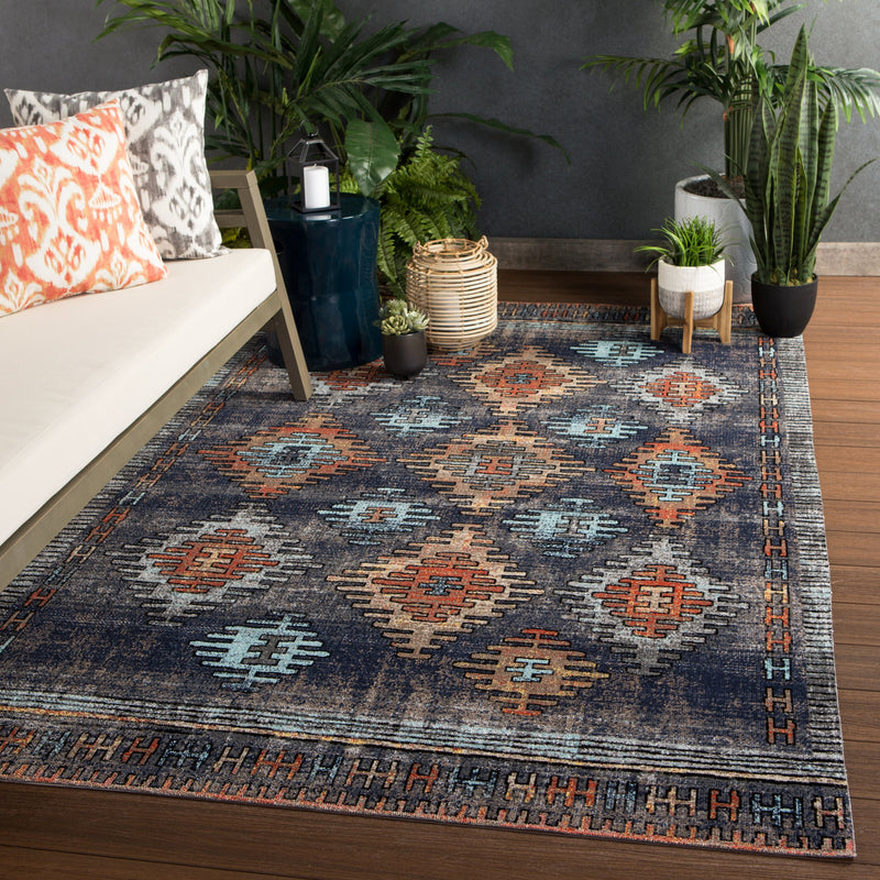 Dez Indoor/ Outdoor Tribal Blue & Orange Area Rug