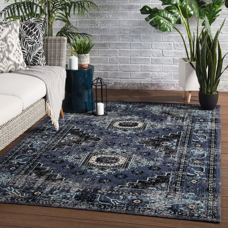 Westlyn Indoor/ Outdoor Medallion Black & Blue Area Rug