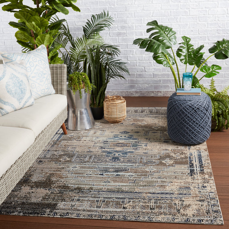 Cicero Indoor/Outdoor Medallion Taupe & Blue Rug