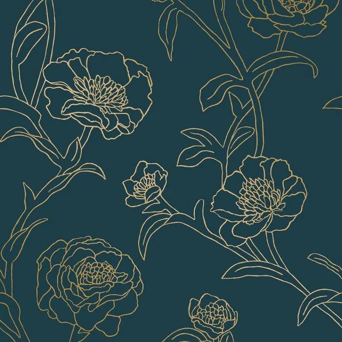 Peonies Removable Wallpaper in Peacock Blue and Gold