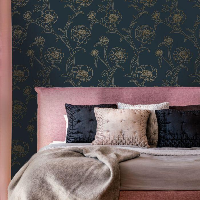 Peonies Removable Wallpaper in Peacock Blue and Gold