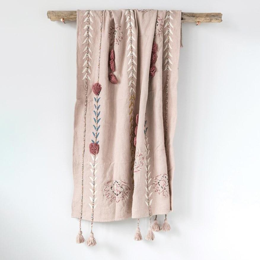 Pink Embroidered Throw with Tassles