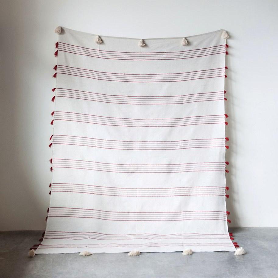 Red Striped Bed Cover with White Tassels