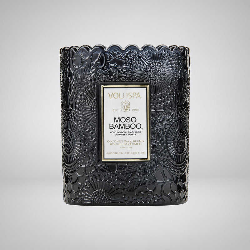 Scalloped Edge Embossed Glass Candle in Moso Bamboo