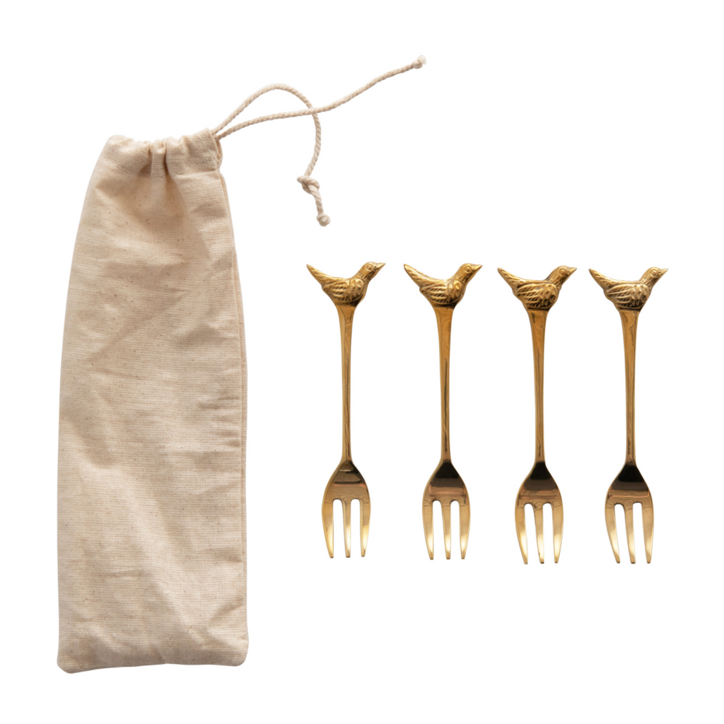 Brass Forks with Bird in Drawstring Bag, Set of 4