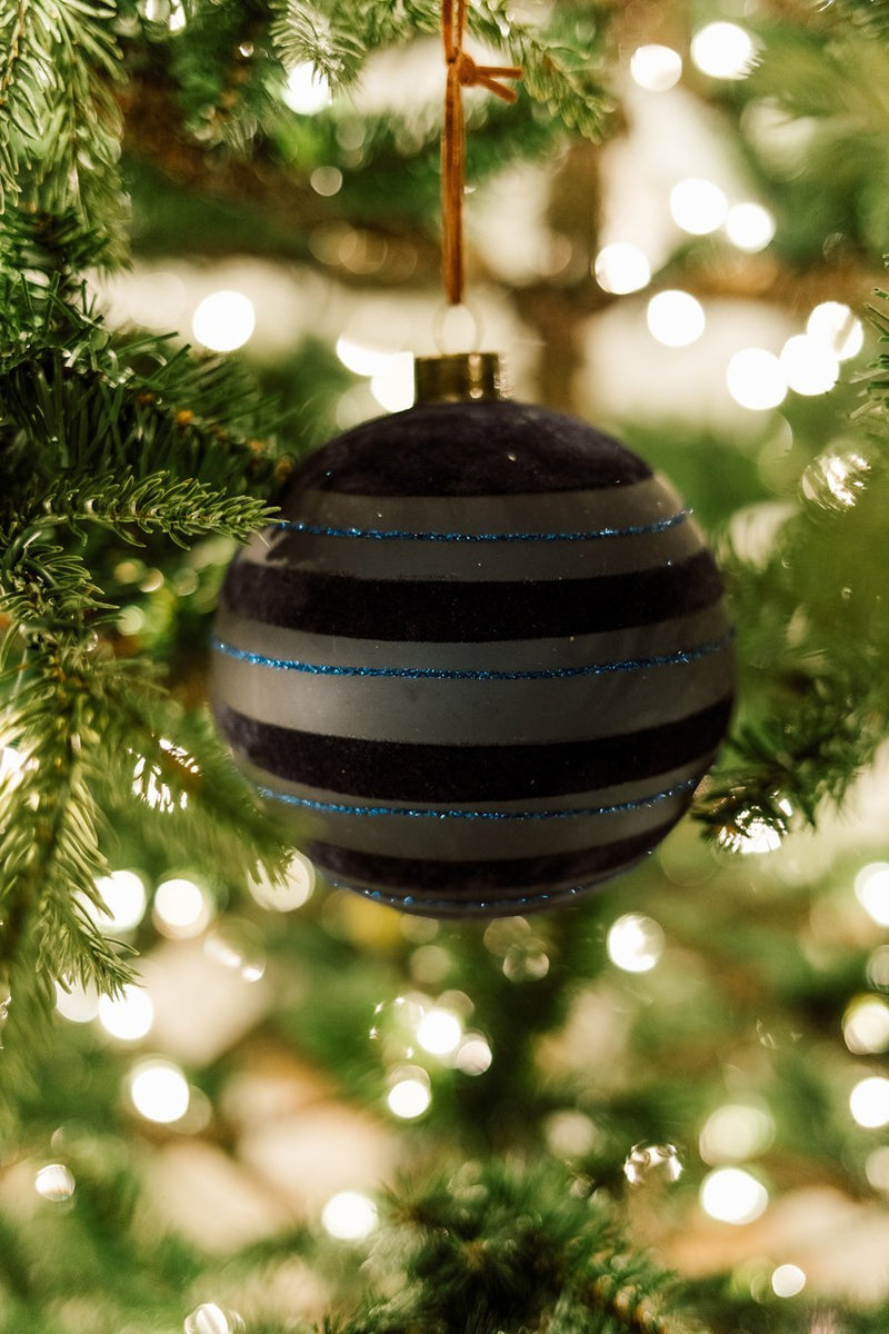 Blue Flocked Stripped Glass Ornament-3"