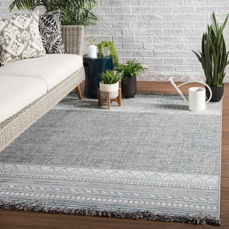 Rao Indoor/Outdoor Border Gray & Light Blue Rug