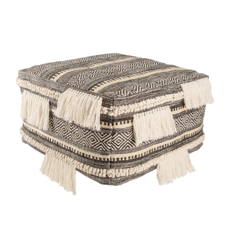 Bahri Whisper White & Dark Shadow Tribal Pouf design by Nikki Chu for Jaipur Living