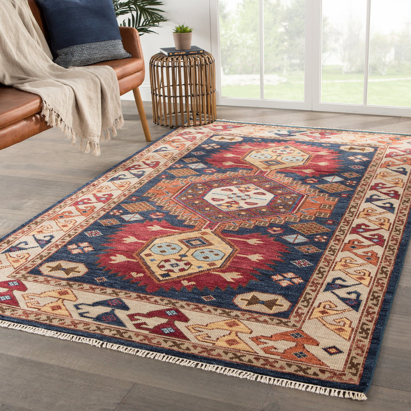 Karter Hand-Knotted Medallion Blue & Red Area Rug