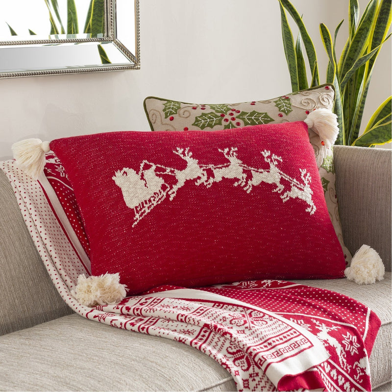 Very Merry VMY-005 Knitted Lumbar Pillow in Bright Red & Ivory by Surya