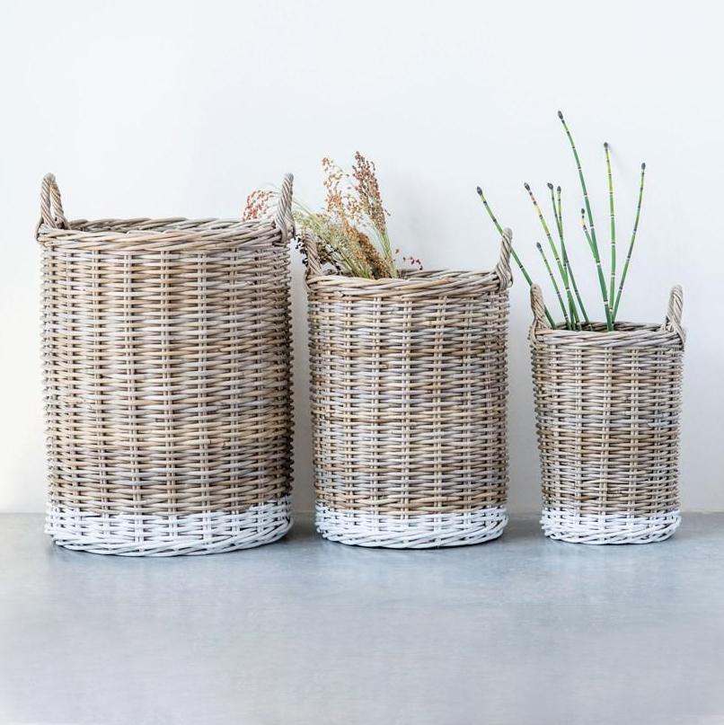 White Dipped Rattan Baskets with Handles, Set of 3