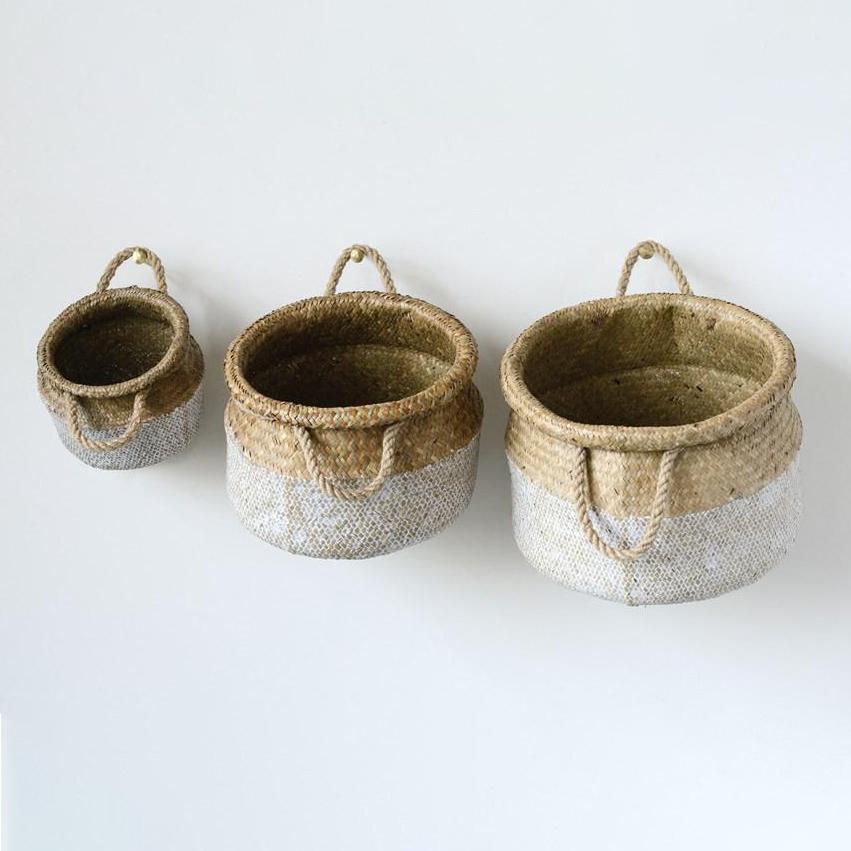 White & Natural Seagrass Round Baskets, Set of 3