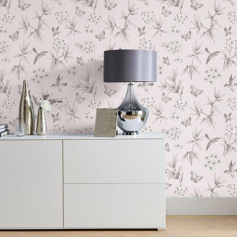 Wings Removable Wallpaper in Dove Grey and Pale Pink