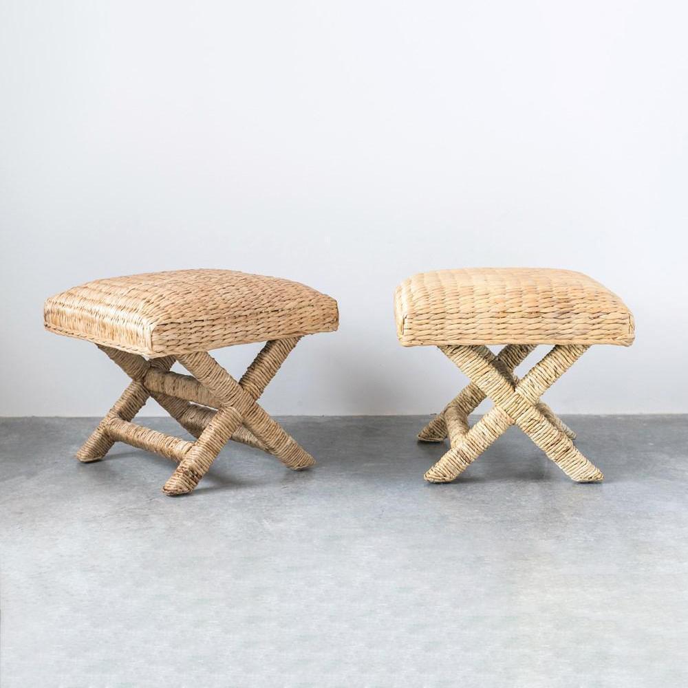 Woven Water Hyacinth & Wood Stool