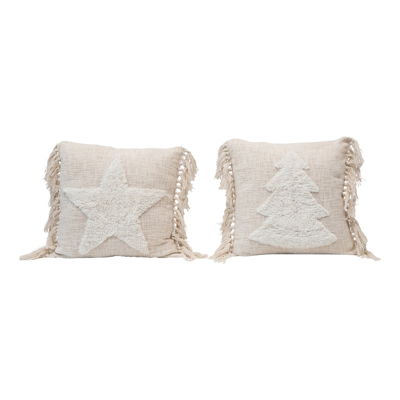 20" Square Cotton Blend Punch Hook Pillow with Tassels, Cream Color, 2 Styles