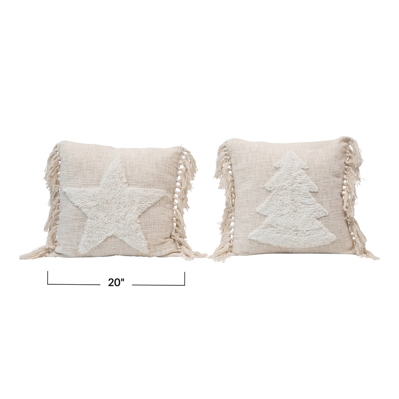 20" Square Cotton Blend Punch Hook Pillow with Tassels, Cream Color, 2 Styles